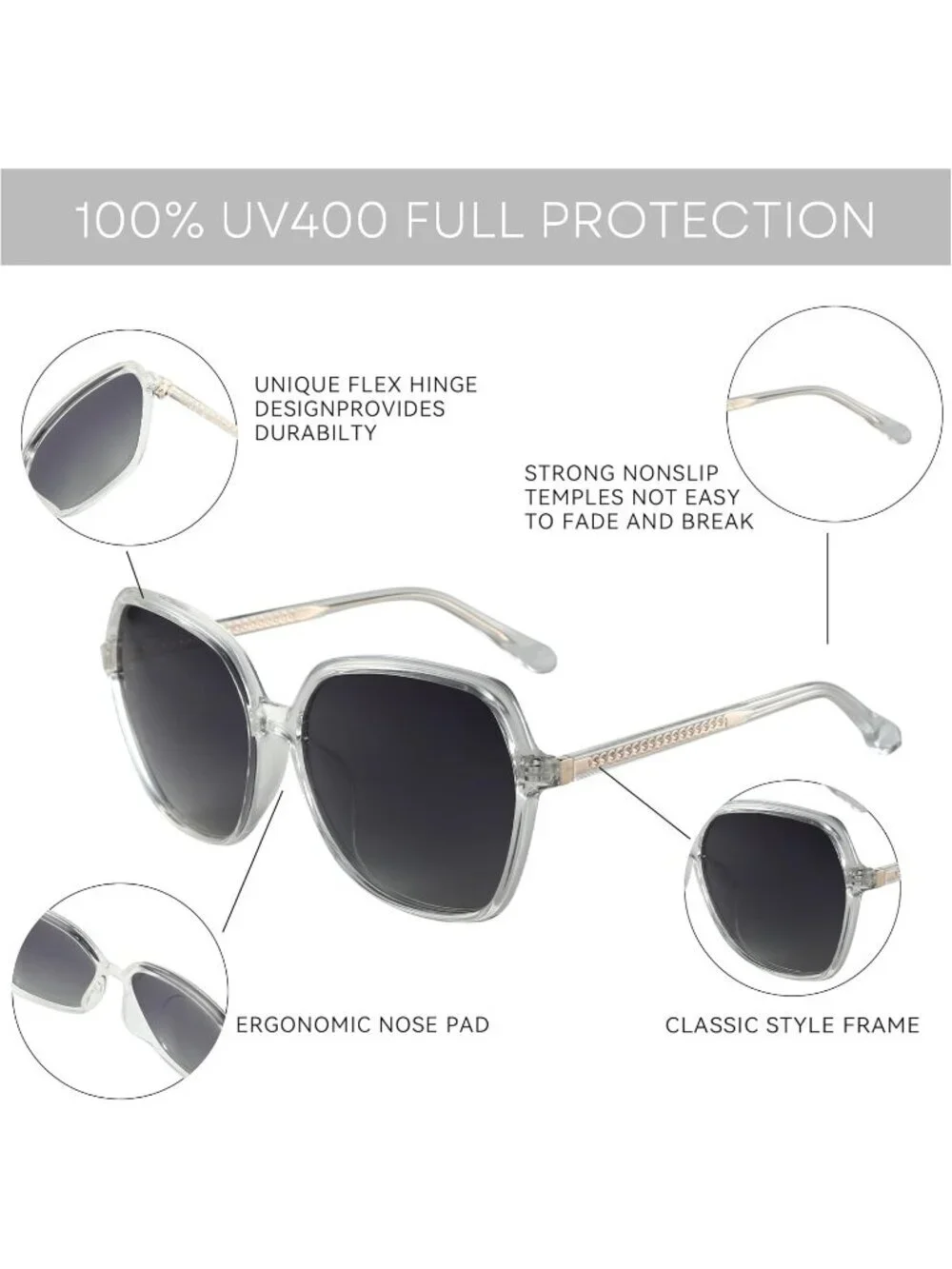 Women's Polarized Oversized Square Sun Glasses Shades UV400 Protection Crystal